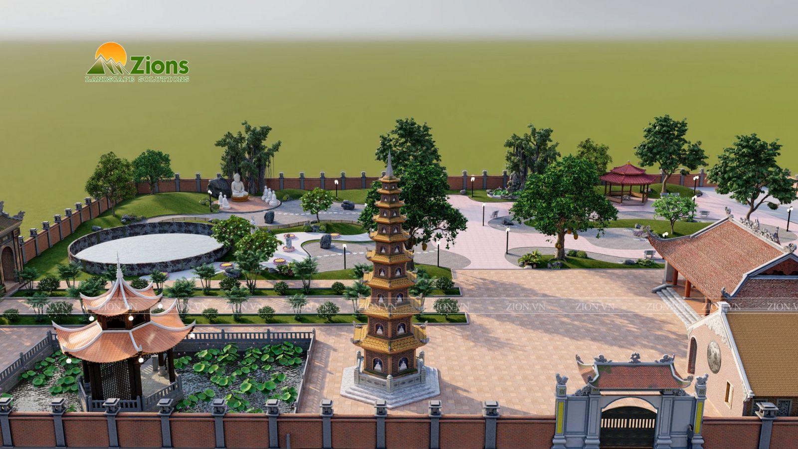 Tổng thể thiết kế cảnh quan chùa tại Hà Nội
